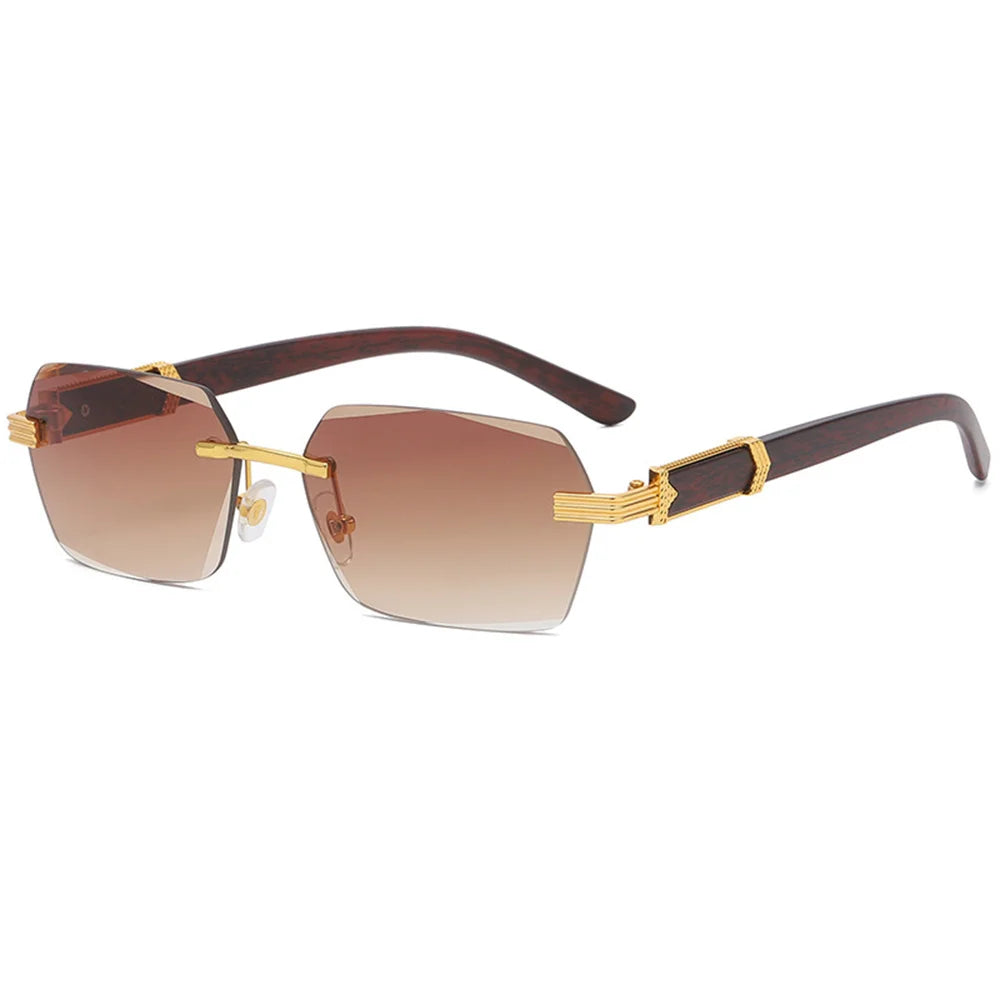 Men Luxury Rimless Sunglasses Rectangle anti UV400 Color Lens with Wooden Grain Leg Unisex Women Retro Shades 2025 New
