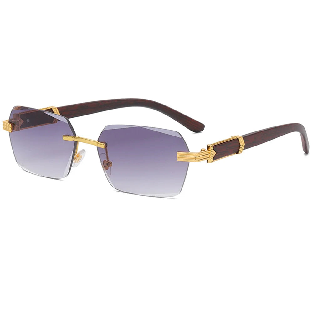 Men Luxury Rimless Sunglasses Rectangle anti UV400 Color Lens with Wooden Grain Leg Unisex Women Retro Shades 2025 New