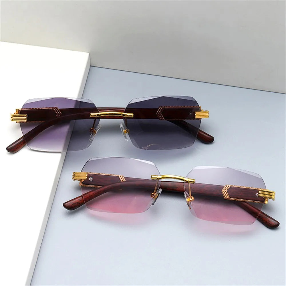 Men Luxury Rimless Sunglasses Rectangle anti UV400 Color Lens with Wooden Grain Leg Unisex Women Retro Shades 2025 New