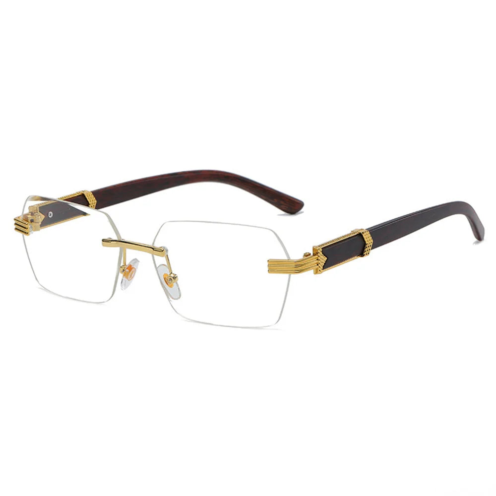 Men Luxury Rimless Sunglasses Rectangle anti UV400 Color Lens with Wooden Grain Leg Unisex Women Retro Shades 2025 New