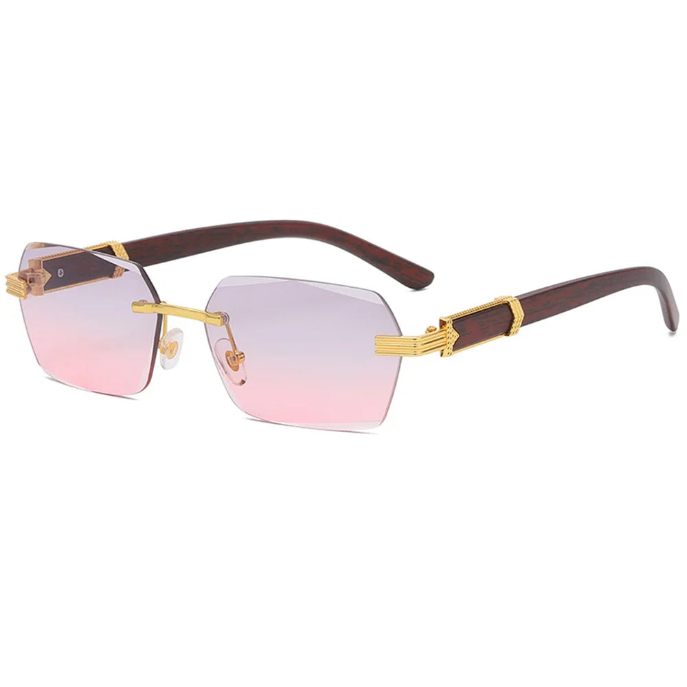 Men Luxury Rimless Sunglasses Rectangle anti UV400 Color Lens with Wooden Grain Leg Unisex Women Retro Shades 2025 New