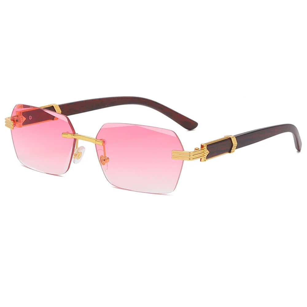 Men Luxury Rimless Sunglasses Rectangle anti UV400 Color Lens with Wooden Grain Leg Unisex Women Retro Shades 2025 New