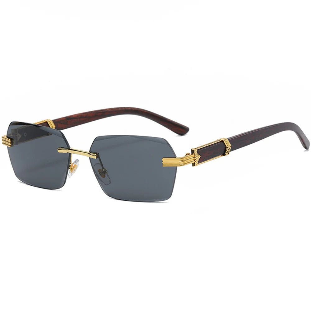 Men Luxury Rimless Sunglasses Rectangle anti UV400 Color Lens with Wooden Grain Leg Unisex Women Retro Shades 2025 New
